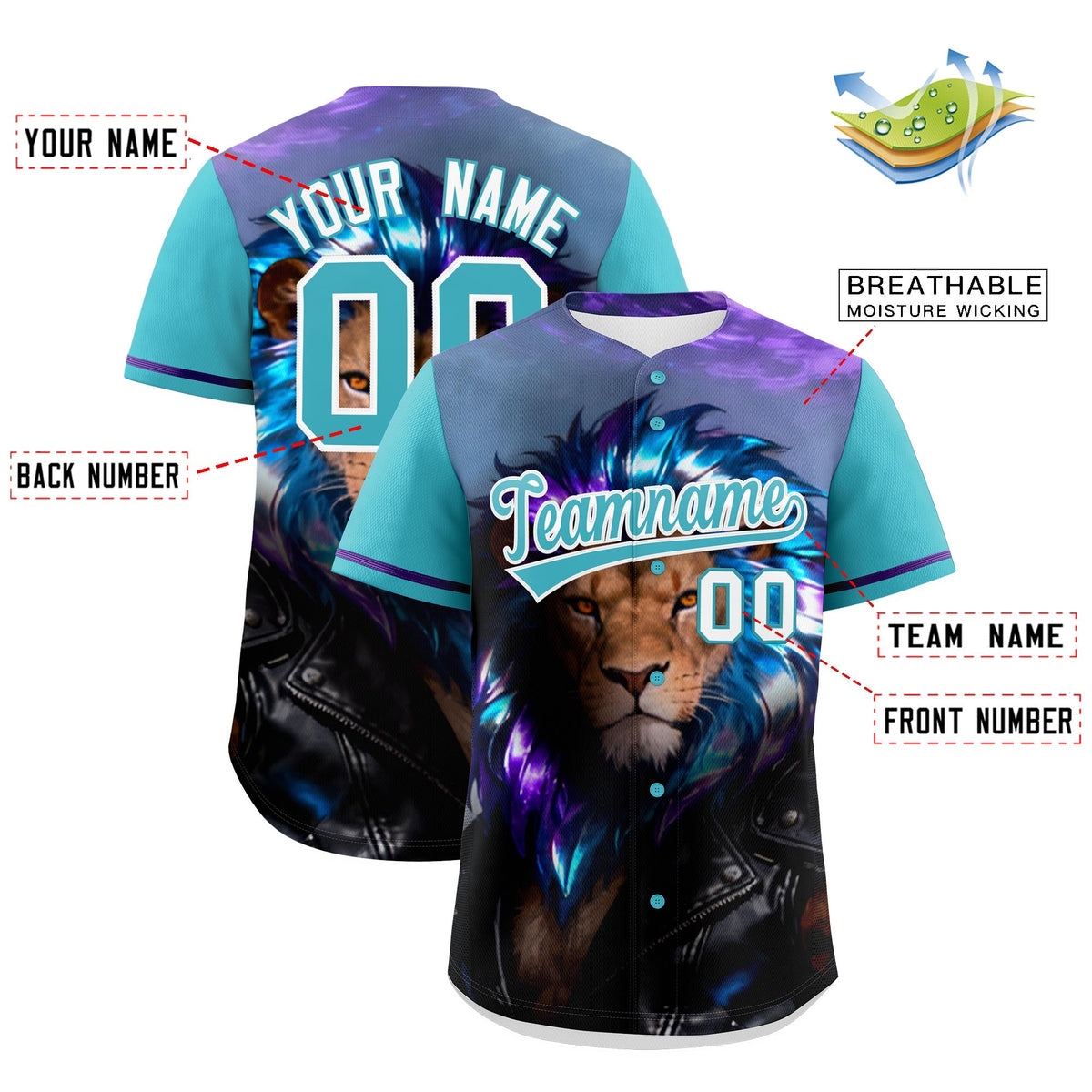 Custom Sky Blue White Lion Animal Series Personalization Graffiti Pattern Baseball Jersey| KXKSHOP