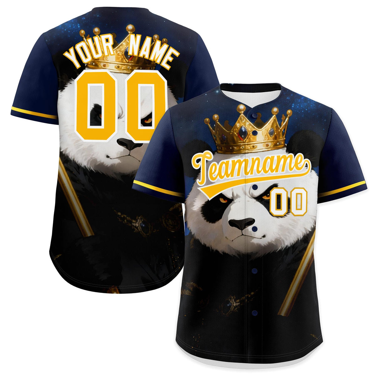 Custom Dark Blue Gold White Panda Animal Series Personalization Graffiti Pattern Baseball Jersey| KXKSHOP