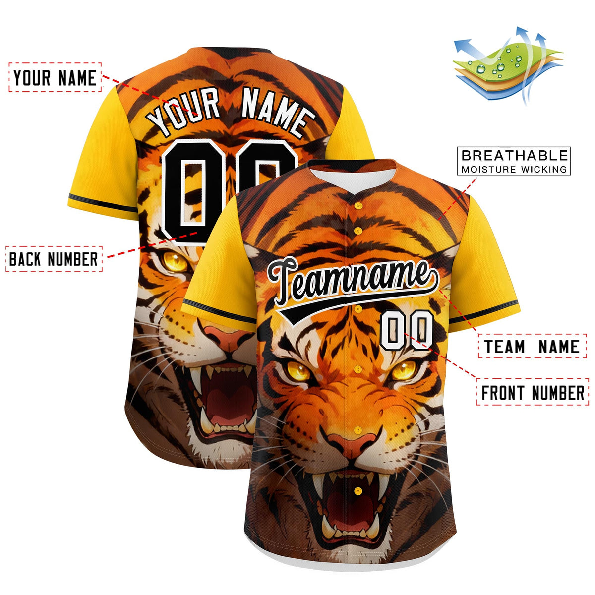 Custom Yellow Black White Tiger Animal Series Personalization Graffiti Pattern Baseball Jersey| KXKSHOP