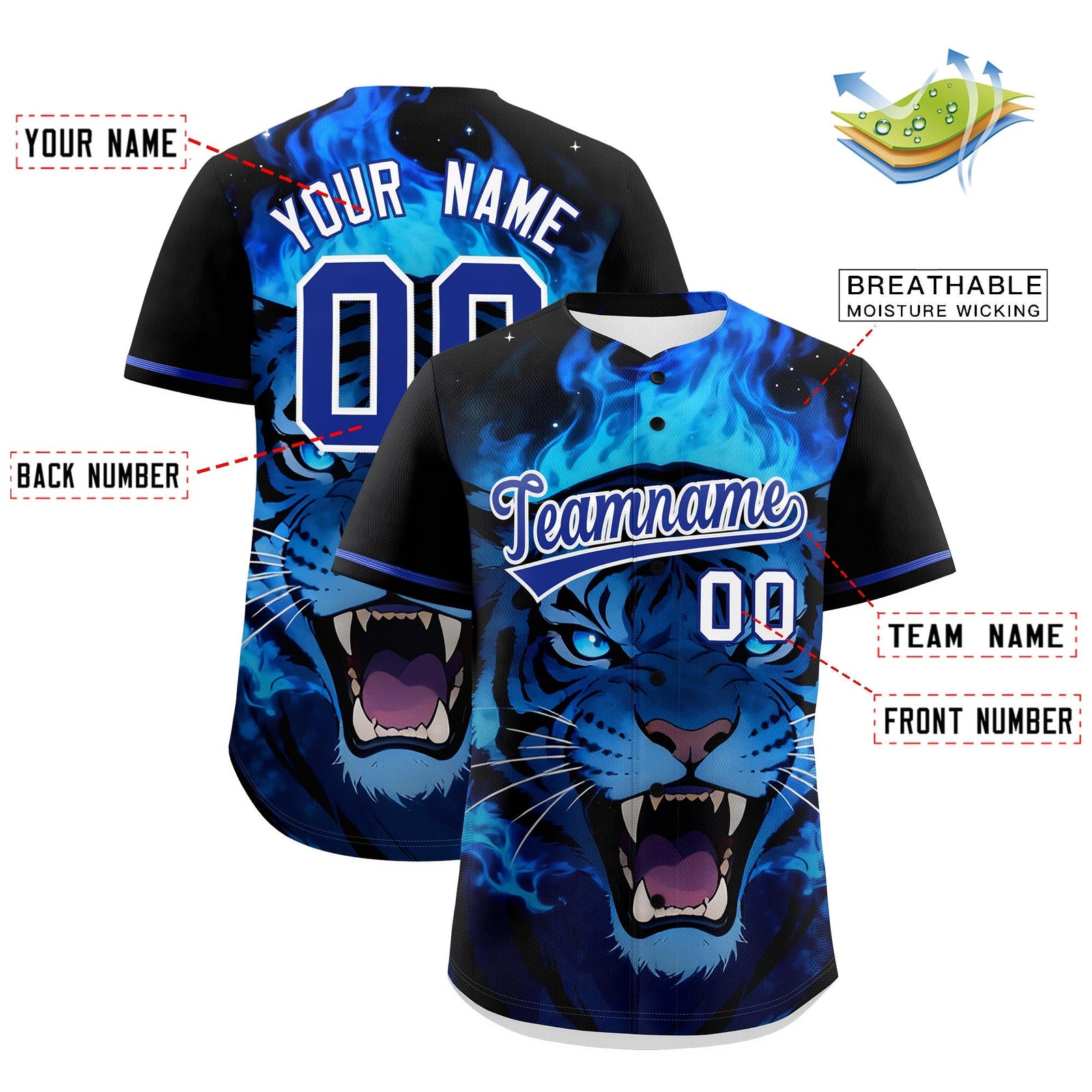 Custom Black Royal Blue White Tiger Animal Series Personalization Graffiti Pattern Baseball Jersey| KXKSHOP