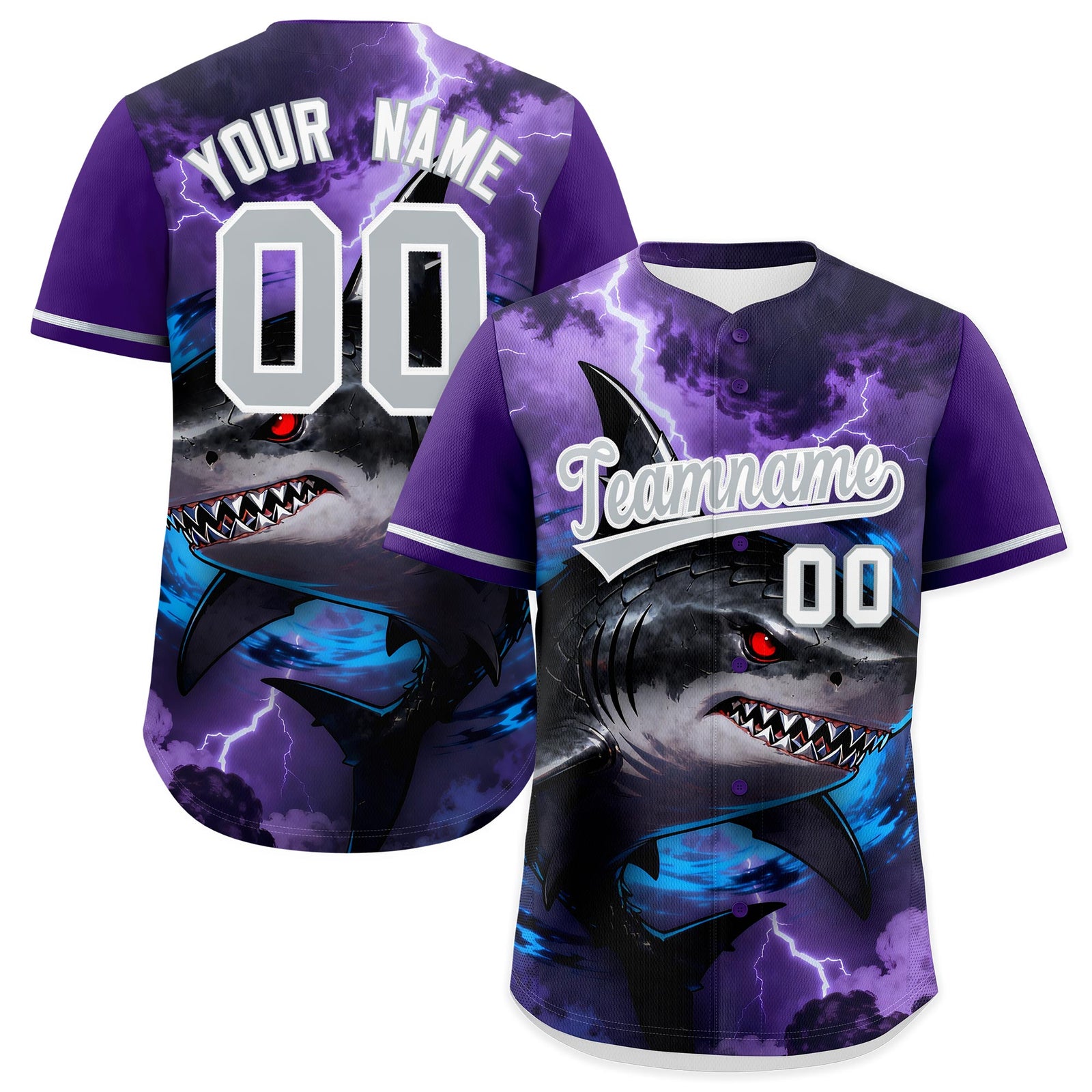 Custom Purple Gray White Shark Animal Series Personalization Graffiti Pattern Baseball Jersey| KXKSHOP