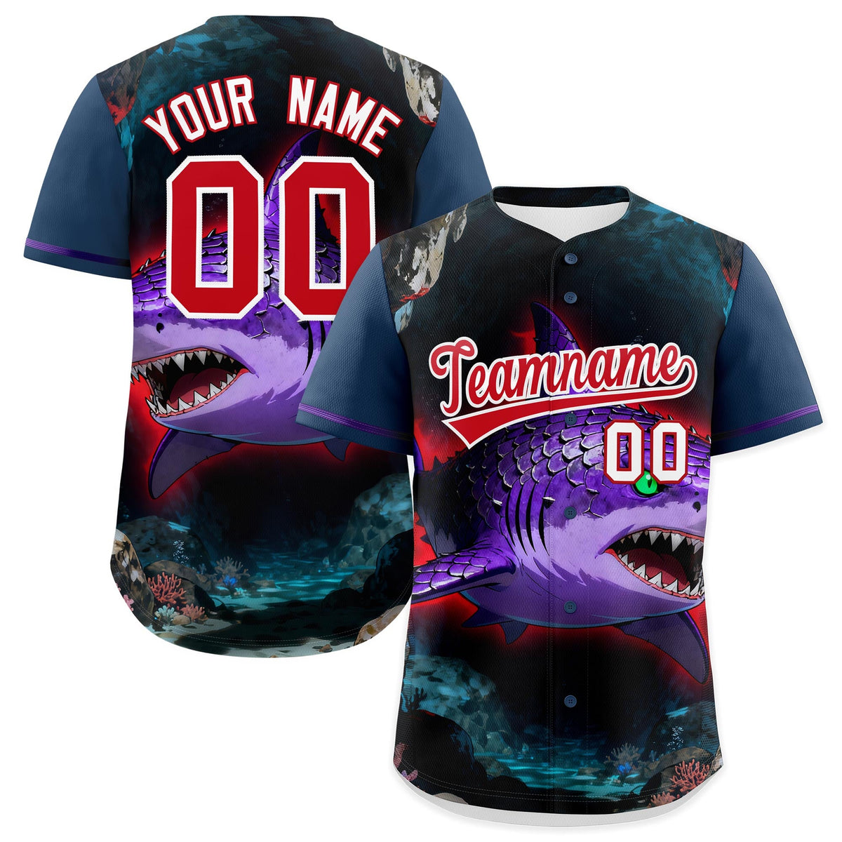 Custom Midnight Blue Red White Shark Animal Series Personalization Graffiti Pattern Baseball Jersey| KXKSHOP