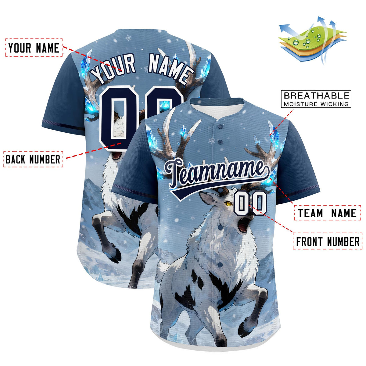 Custom Midnight Blue Navy White Deer Animal Series Personalization Graffiti Pattern Baseball Jersey| KXKSHOP