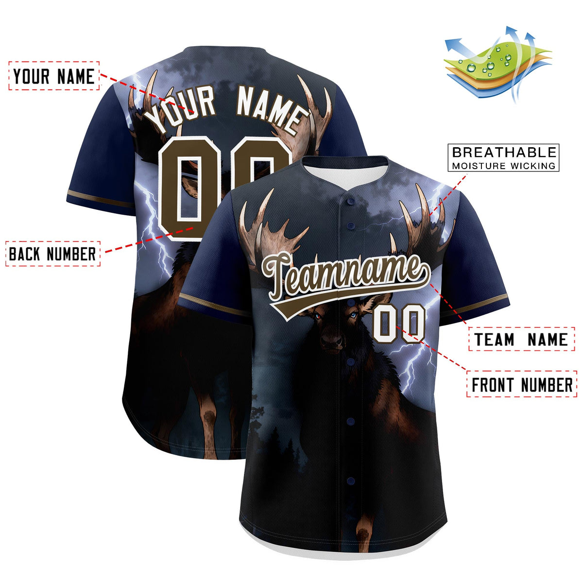 Custom Dark Blue Light Brown White Deer Animal Series Personalization Graffiti Pattern Baseball Jersey| KXKSHOP