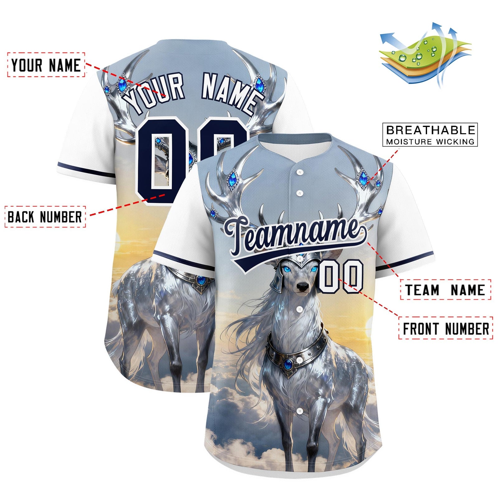 Custom White Navy Deer Animal Series Personalization Graffiti Pattern Baseball Jersey| KXKSHOP
