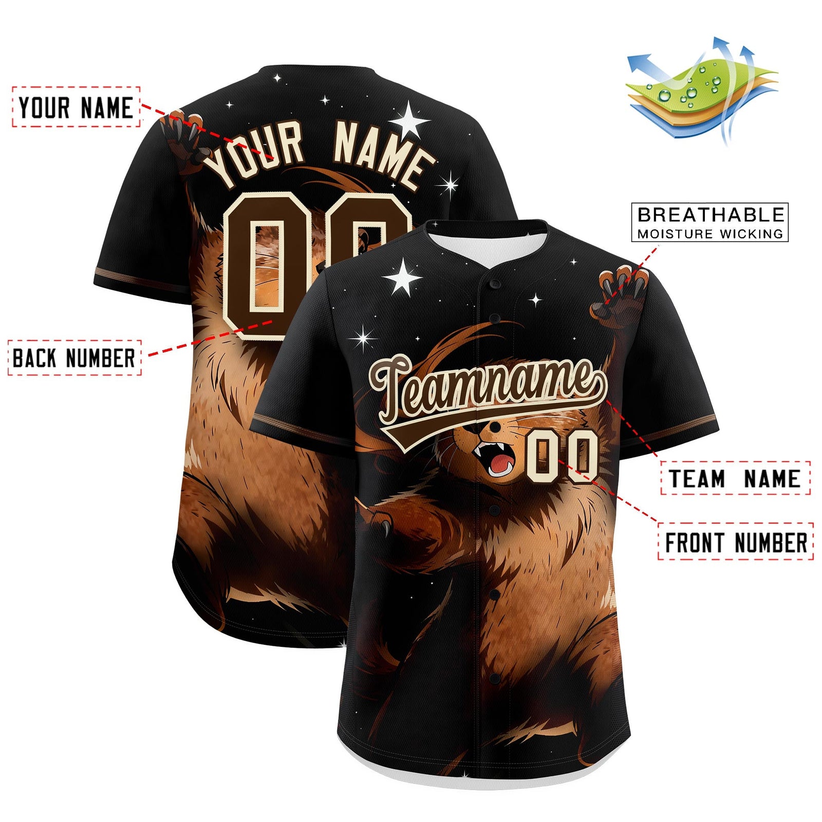 Custom Black Brown Cream Animal Series Personalization Graffiti Pattern Baseball Jersey| KXKSHOP
