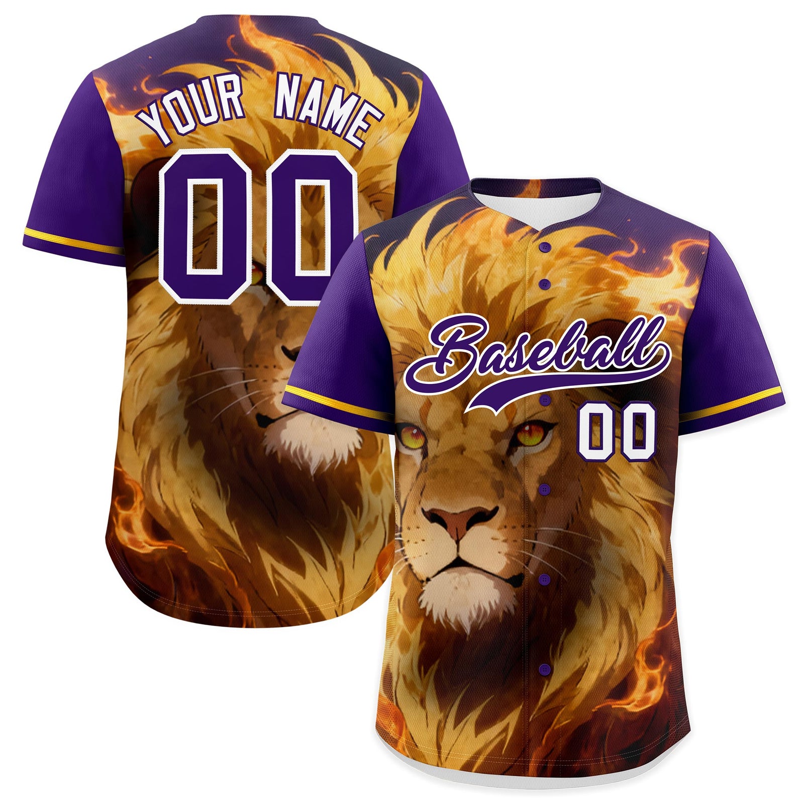 Custom Purple White Gold Lion Animal Series Personalization Graffiti Pattern Baseball Jersey| KXKSHOP