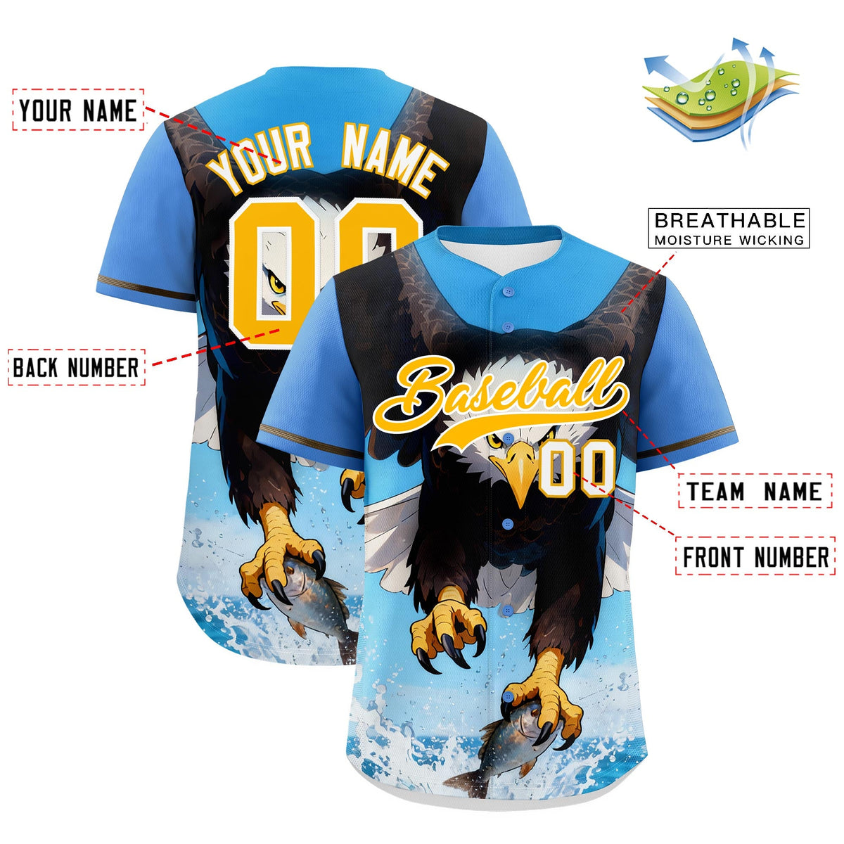 Custom Powder Blue Yellow White Eagle Animal Series Personalization Graffiti Pattern Baseball Jersey| KXKSHOP