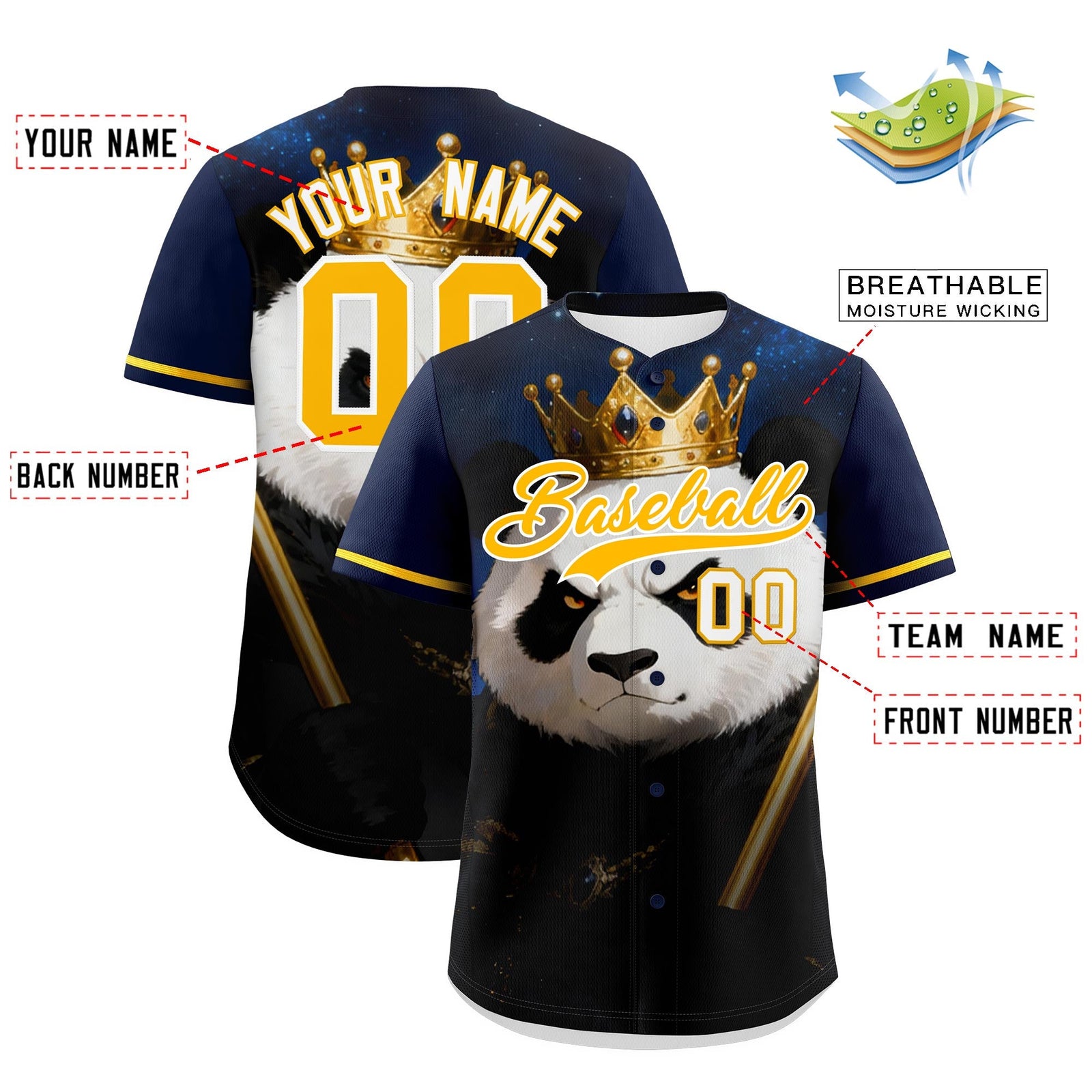 Custom Dark Blue Gold White Panda Animal Series Personalization Graffiti Pattern Baseball Jersey| KXKSHOP