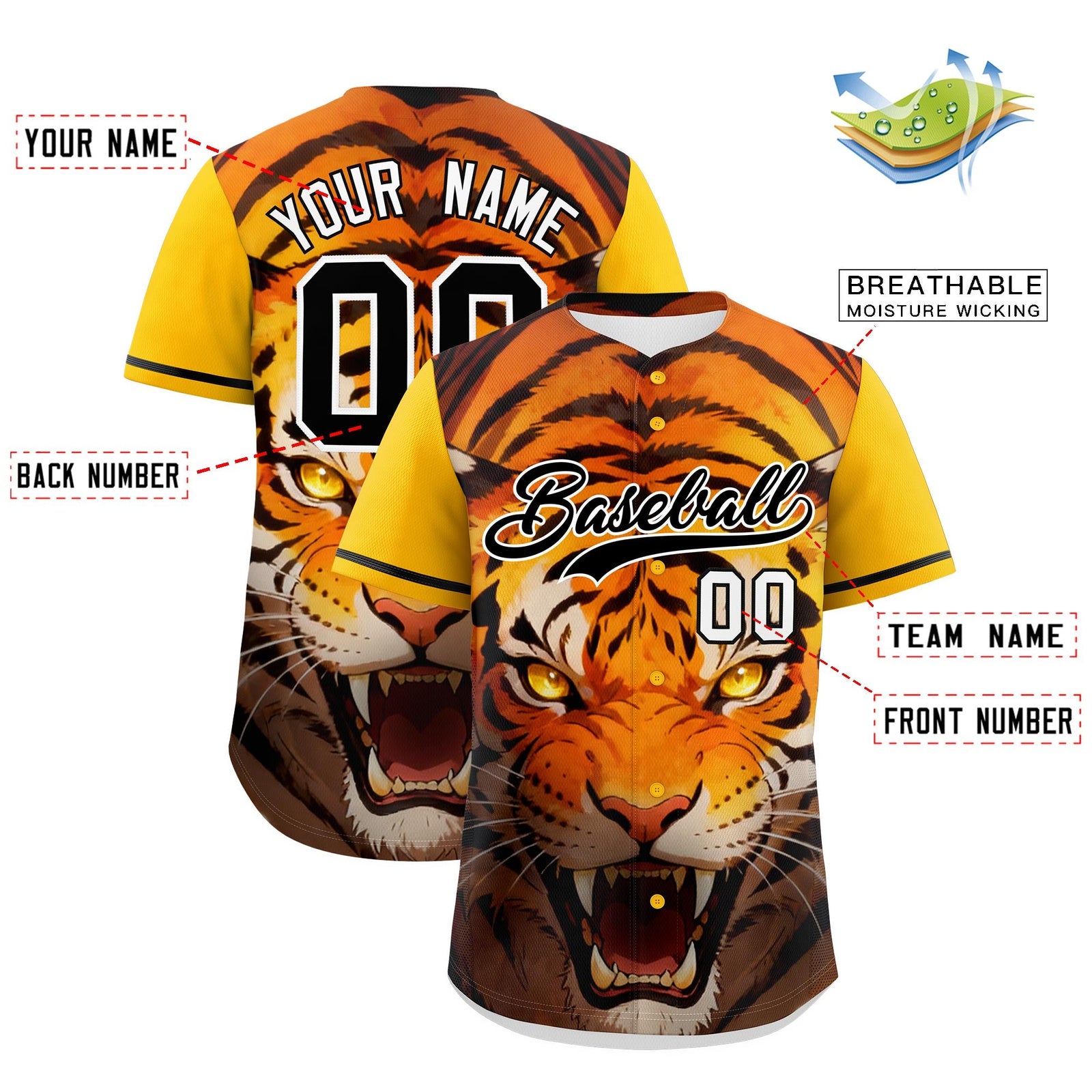 Custom Yellow Black White Tiger Animal Series Personalization Graffiti Pattern Baseball Jersey| KXKSHOP