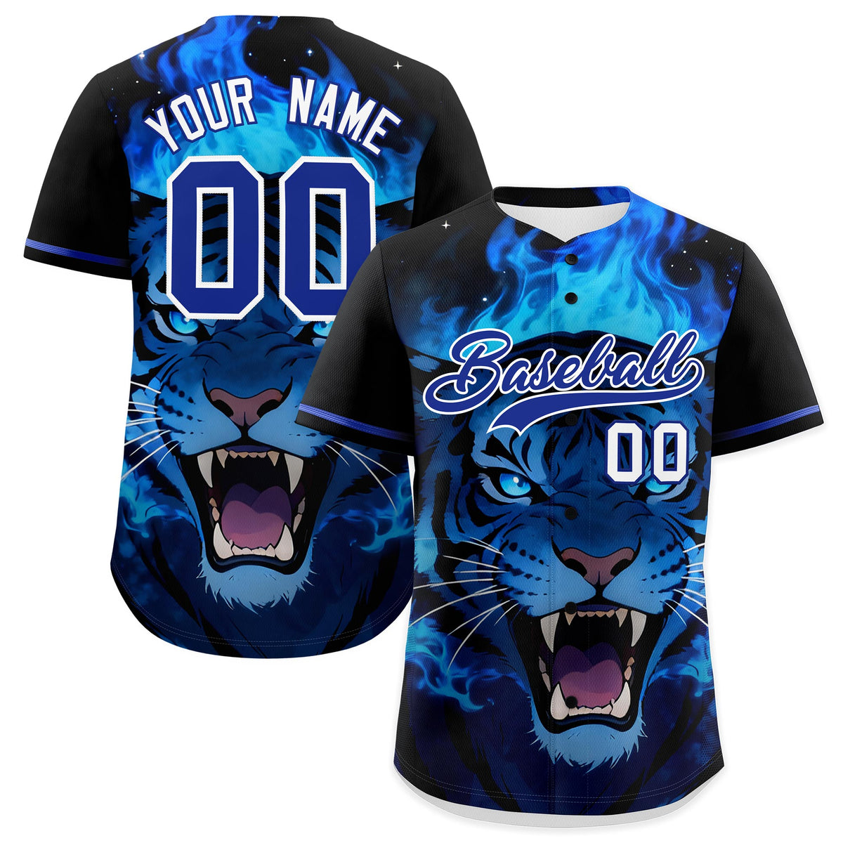 Custom Black Royal Blue White Tiger Animal Series Personalization Graffiti Pattern Baseball Jersey| KXKSHOP