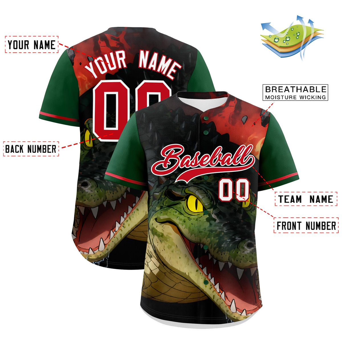 Custom Dark Green Red White Crocodile Animal Series Personalization Graffiti Pattern Baseball Jersey| KXKSHOP