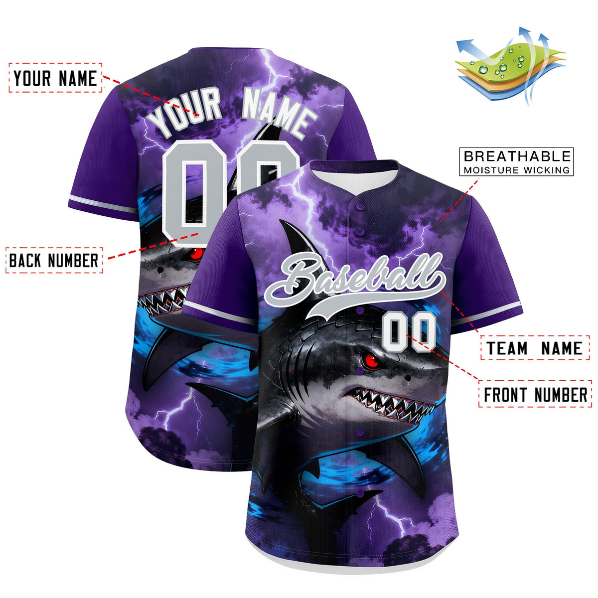 Custom Purple Gray White Shark Animal Series Personalization Graffiti Pattern Baseball Jersey| KXKSHOP