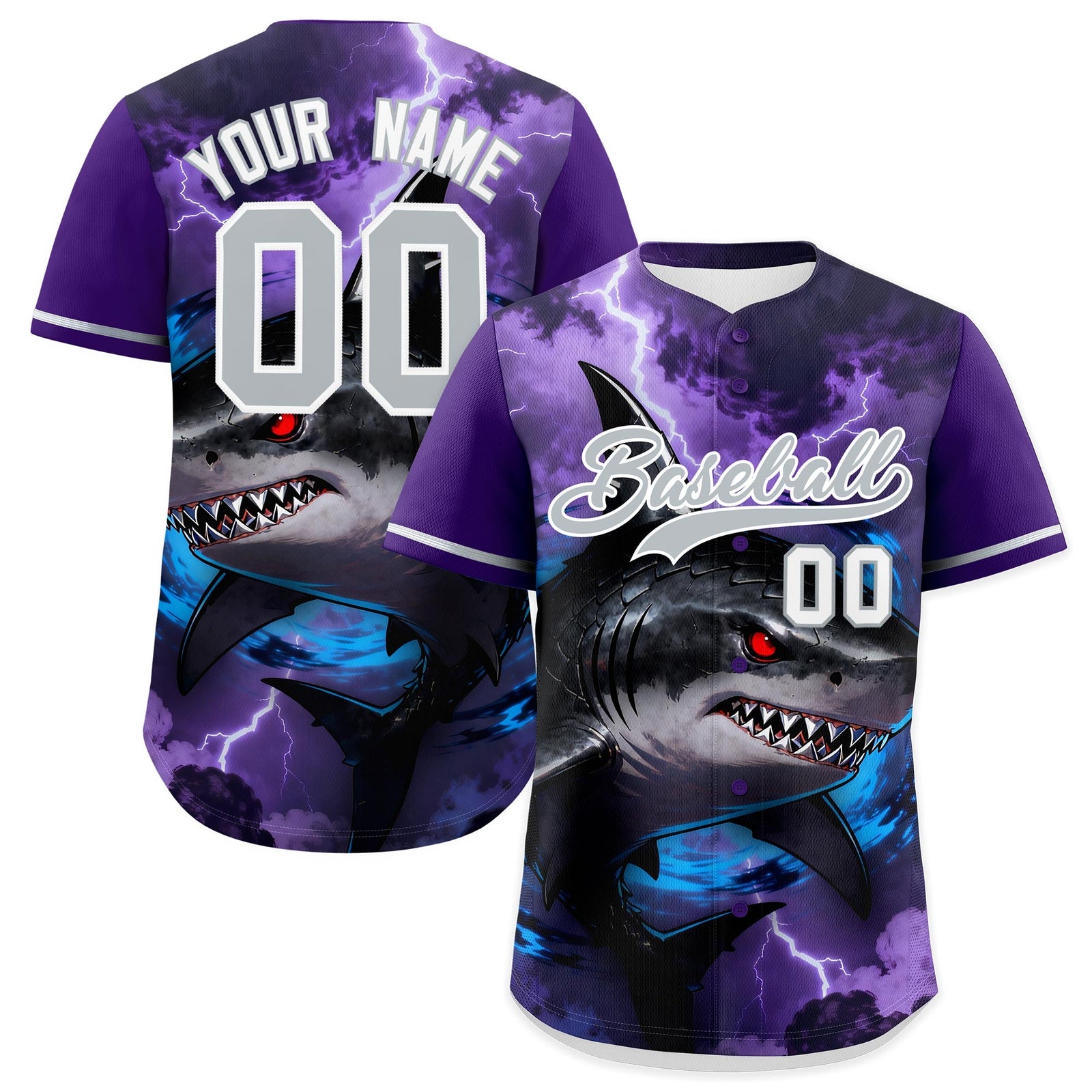 Custom Purple Gray White Shark Animal Series Personalization Graffiti Pattern Baseball Jersey| KXKSHOP