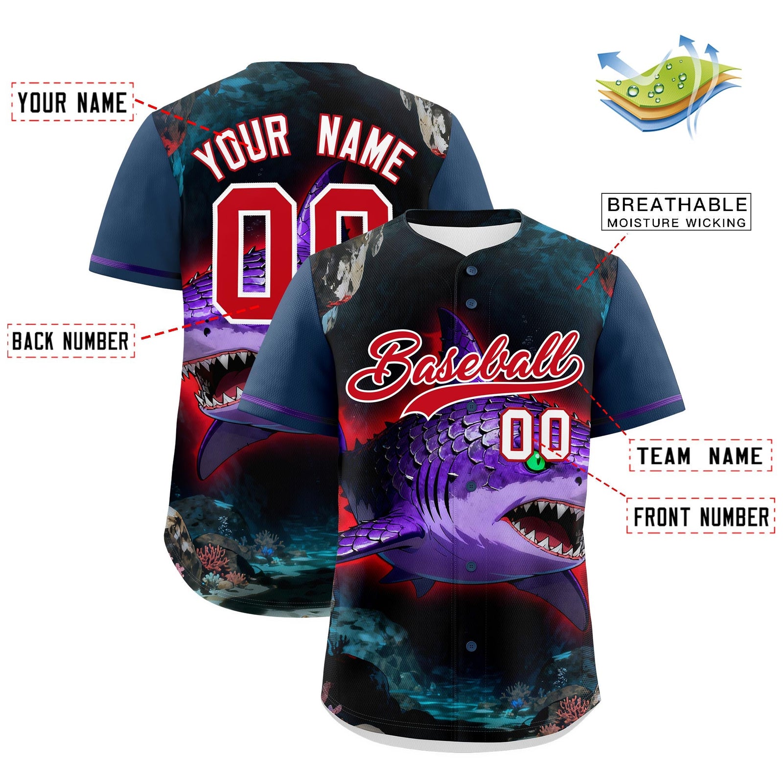 Custom Midnight Blue Red White Shark Animal Series Personalization Graffiti Pattern Baseball Jersey| KXKSHOP