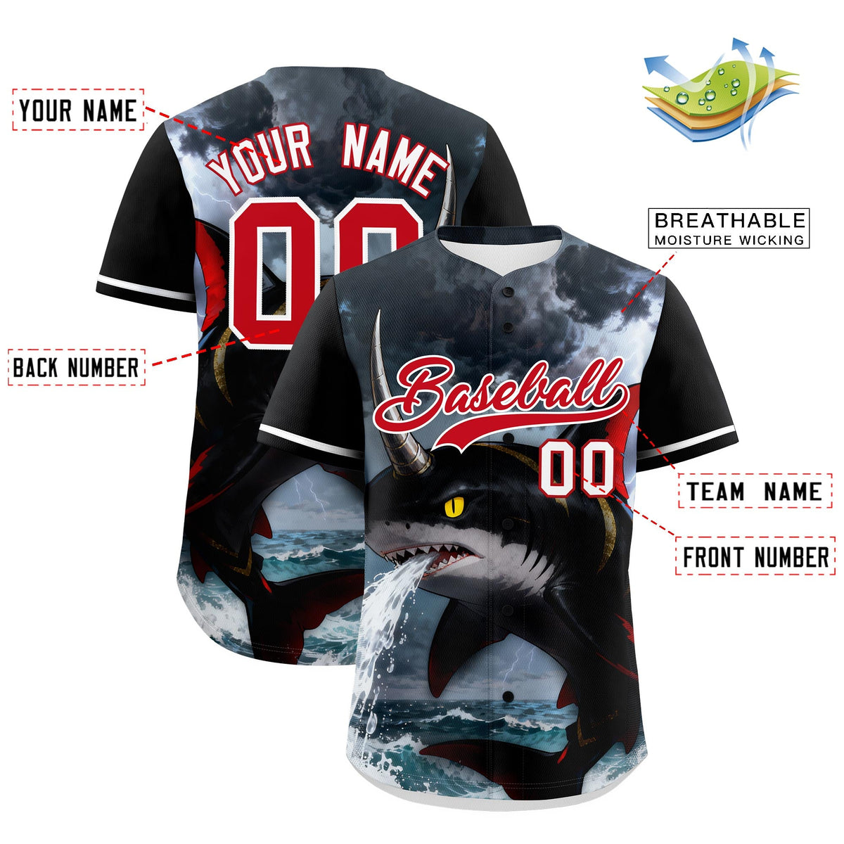 Custom Black White Red Shark Animal Series Personalization Graffiti Pattern Baseball Jersey| KXKSHOP