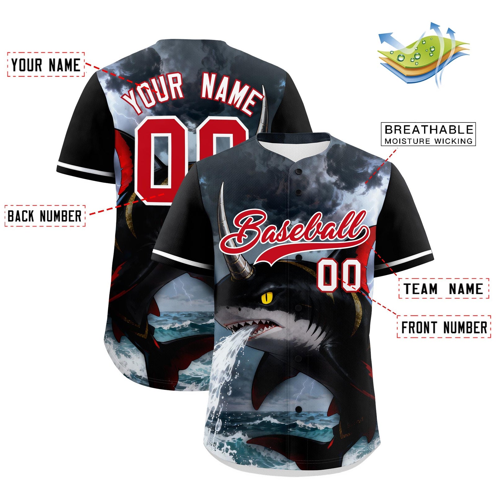 Custom Black White Red Shark Animal Series Personalization Graffiti Pattern Baseball Jersey| KXKSHOP