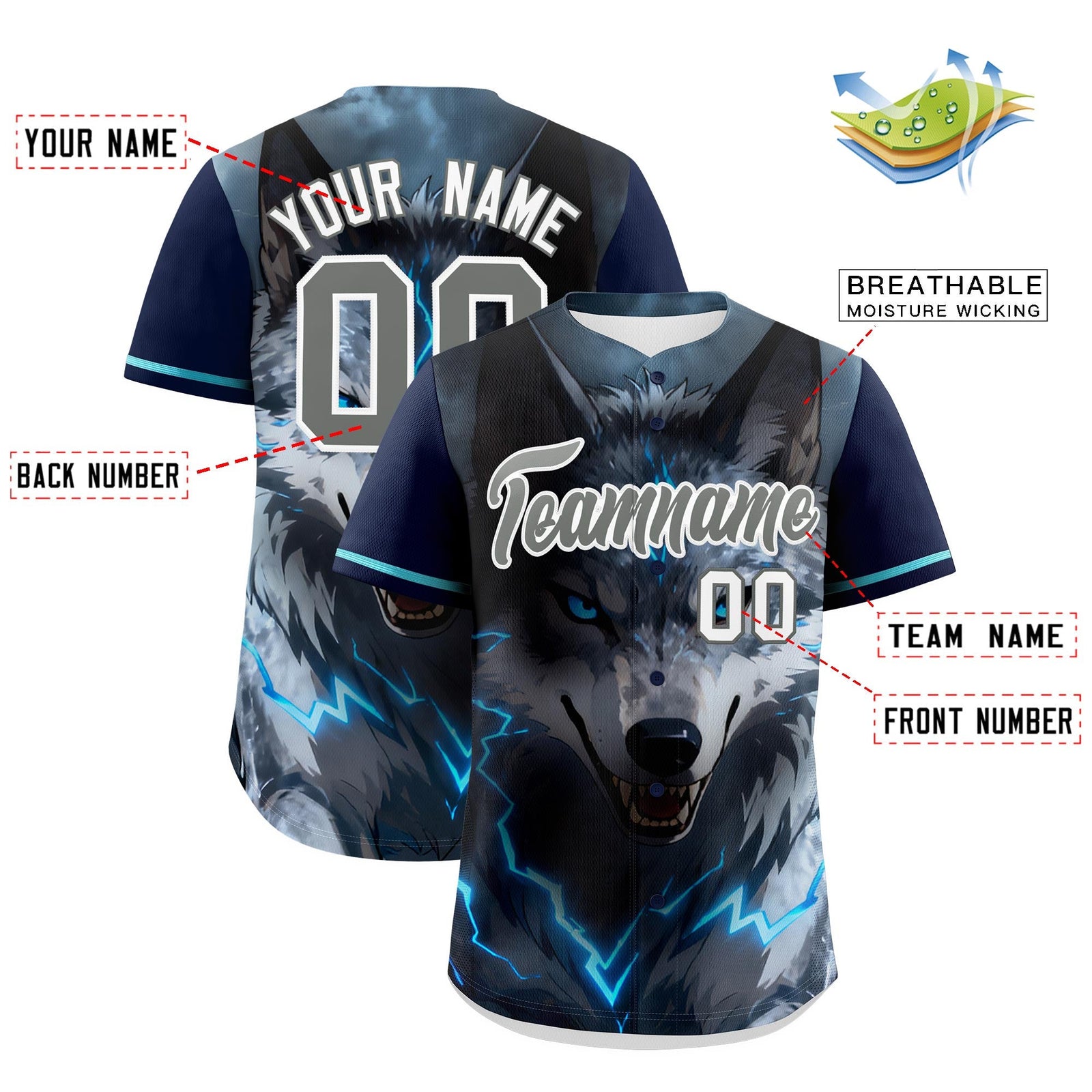 Custom Dark Blue Gray White Wolf Animal Series Personalization Graffiti Pattern Baseball Jersey| KXKSHOP