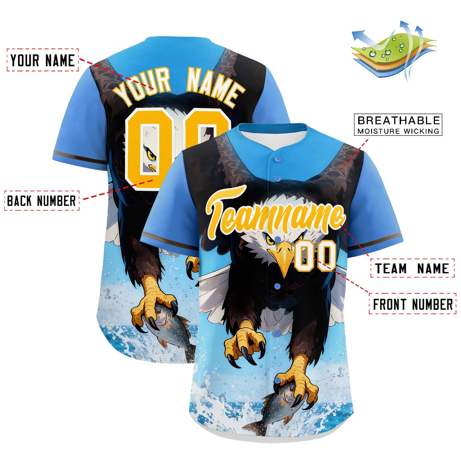 Custom Powder Blue Yellow White Eagle Animal Series Personalization Graffiti Pattern Baseball Jersey| KXKSHOP