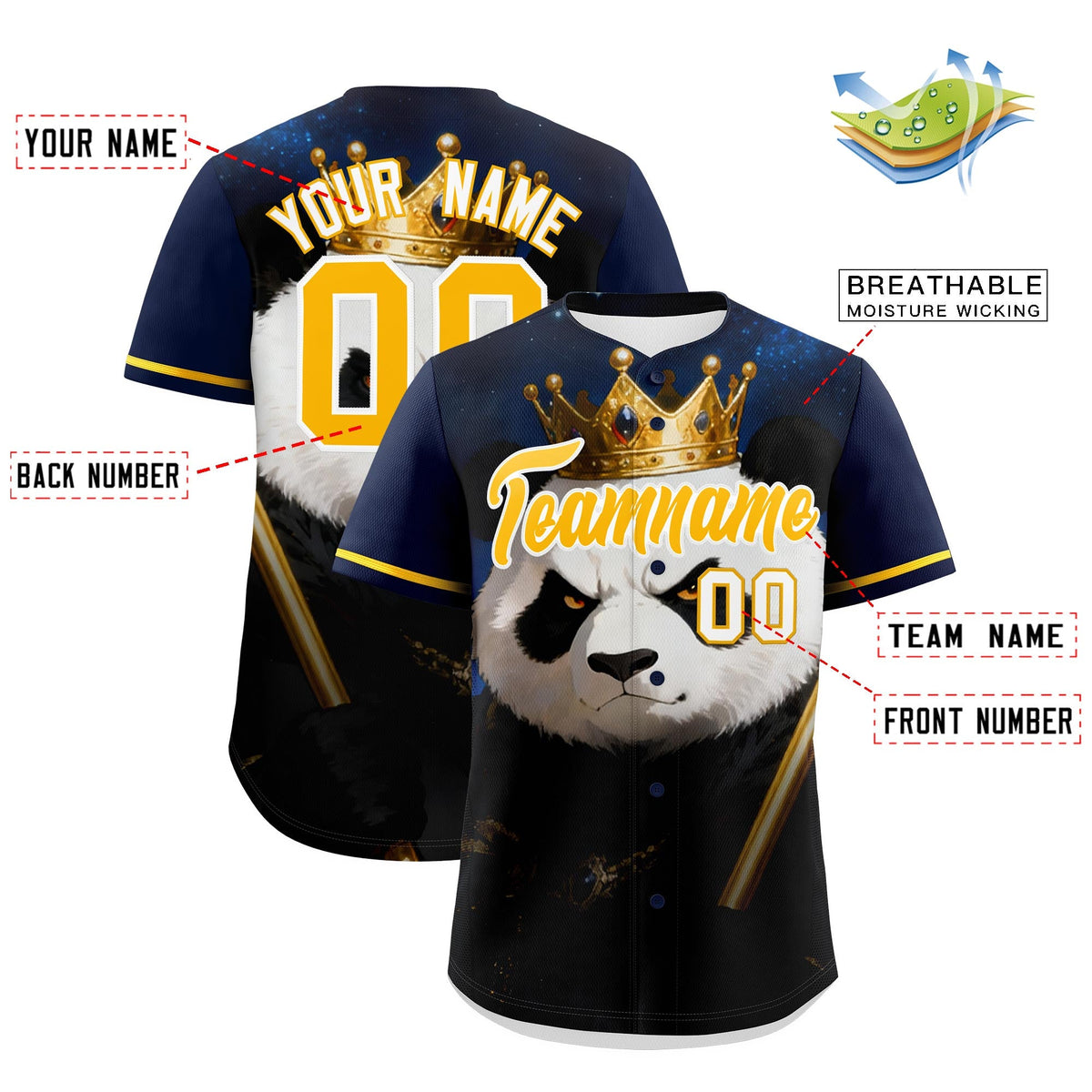 Custom Dark Blue Gold White Panda Animal Series Personalization Graffiti Pattern Baseball Jersey| KXKSHOP