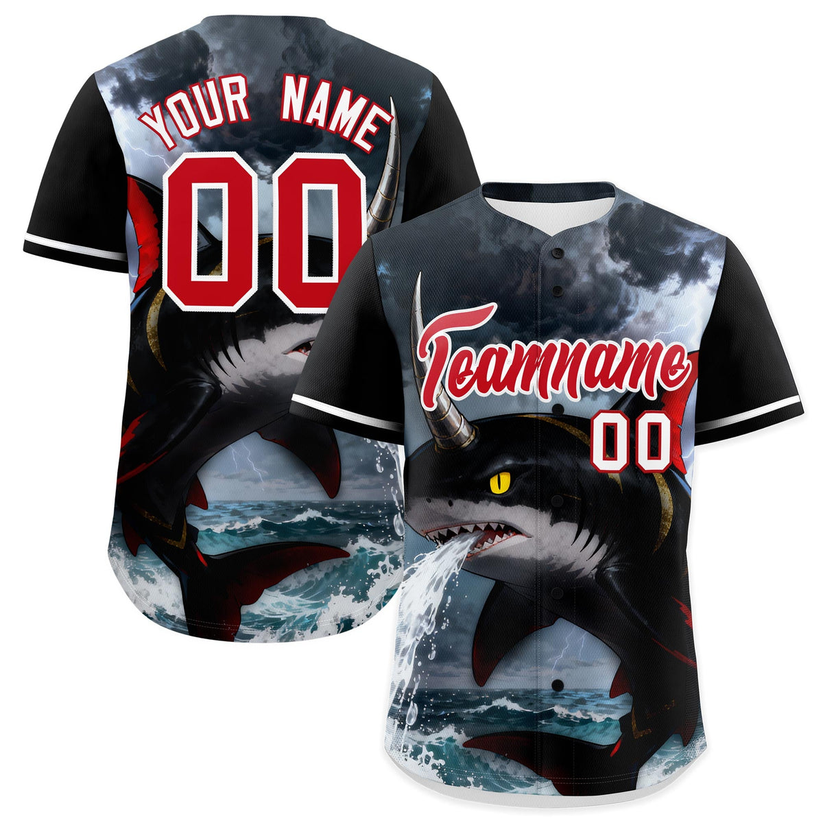 Custom Black White Red Shark Animal Series Personalization Graffiti Pattern Baseball Jersey| KXKSHOP