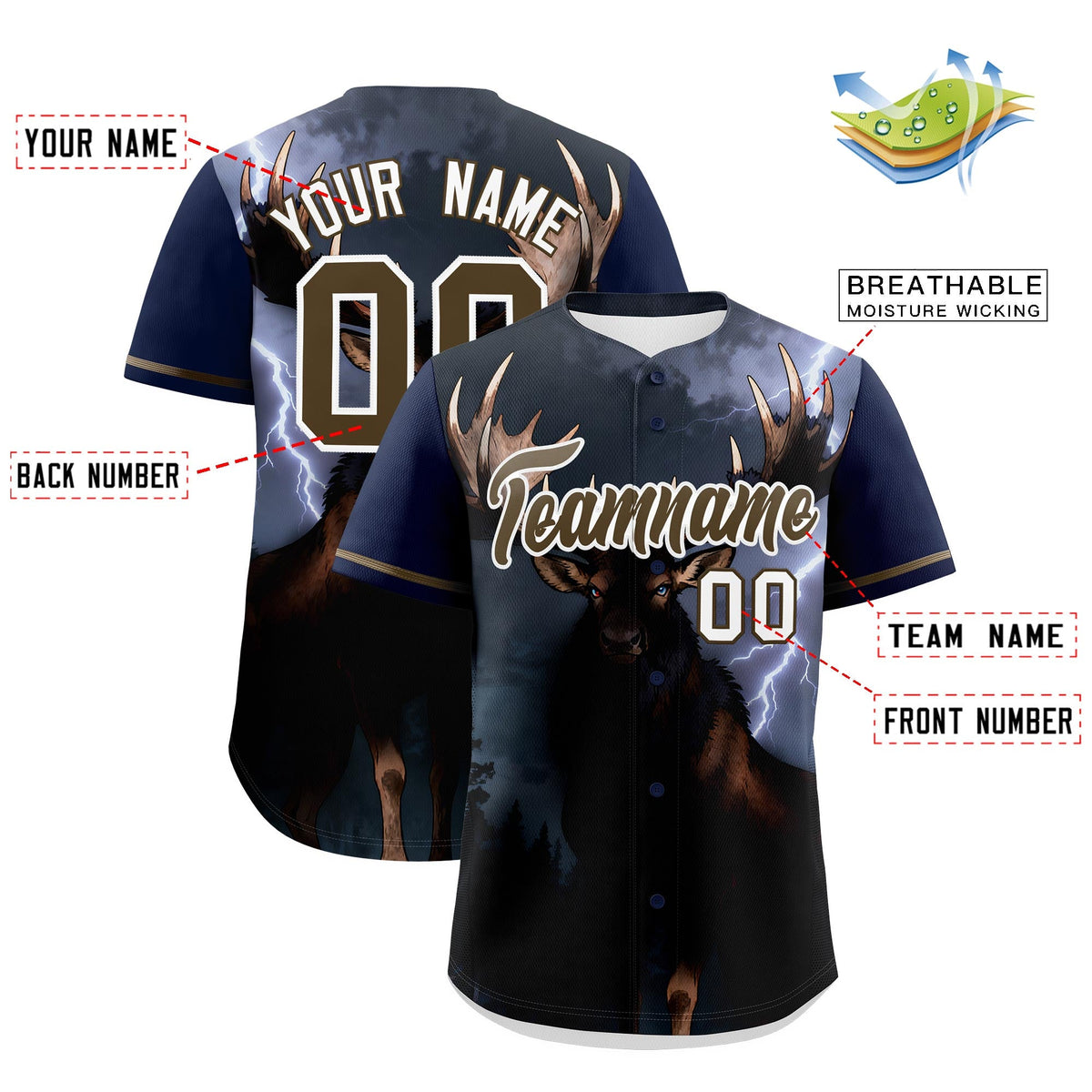 Custom Dark Blue Light Brown White Deer Animal Series Personalization Graffiti Pattern Baseball Jersey| KXKSHOP
