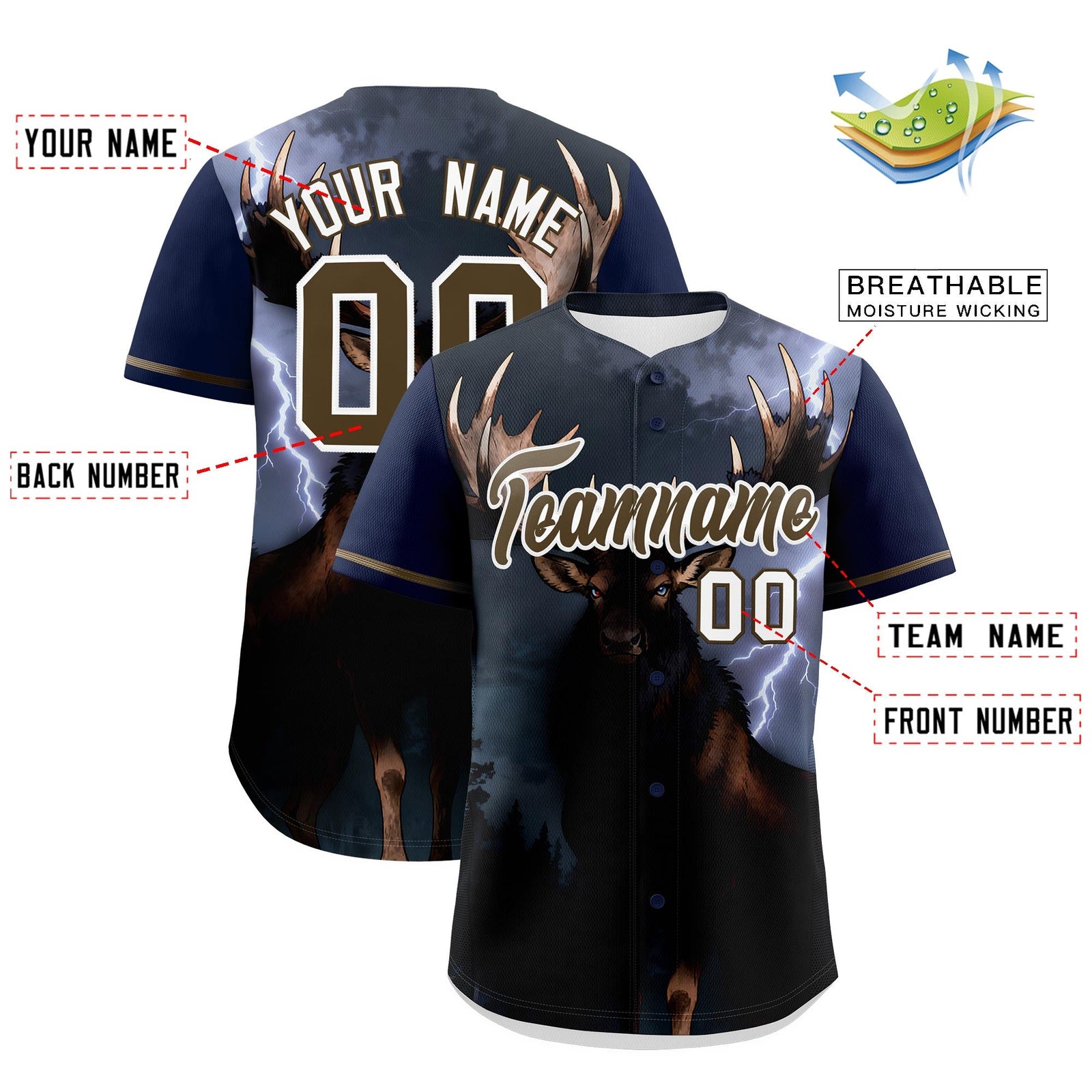 Custom Dark Blue Light Brown White Deer Animal Series Personalization Graffiti Pattern Baseball Jersey| KXKSHOP