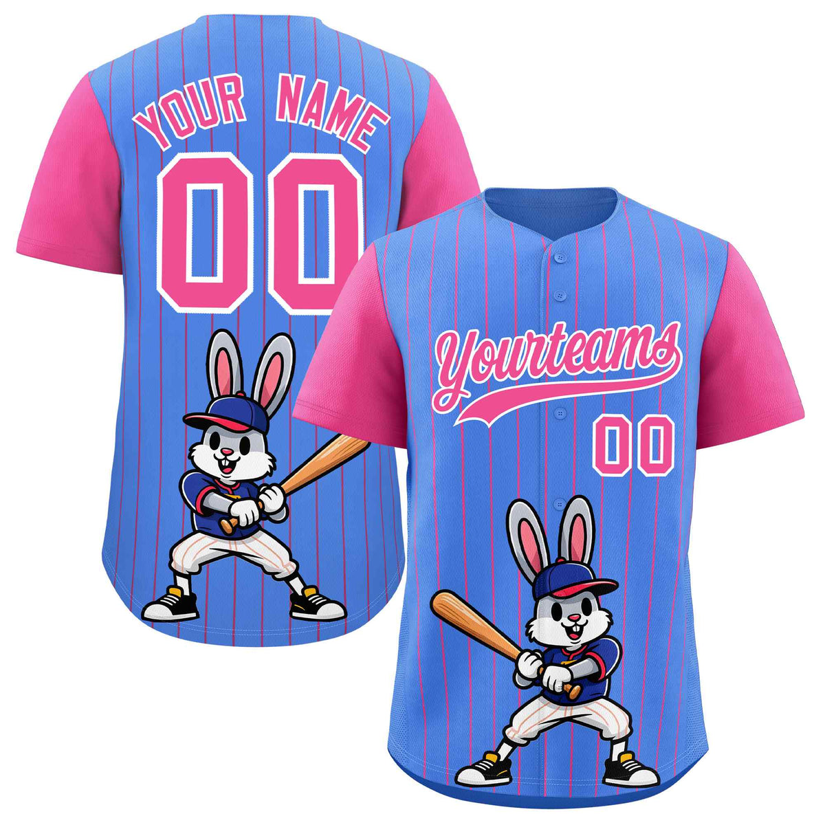Custom Light Blue Pink Stripe Animals Graffiti Pattern Raglan Sleeves Authentic Baseball Jersey