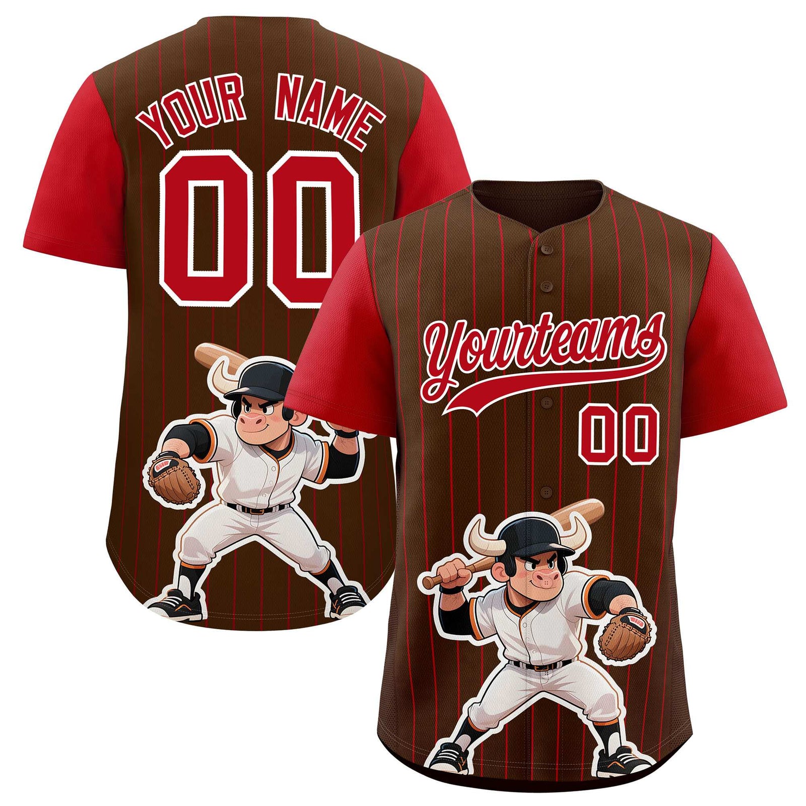 Custom Brown Red Stripe Animals Graffiti Pattern Raglan Sleeves Authentic Baseball Jersey