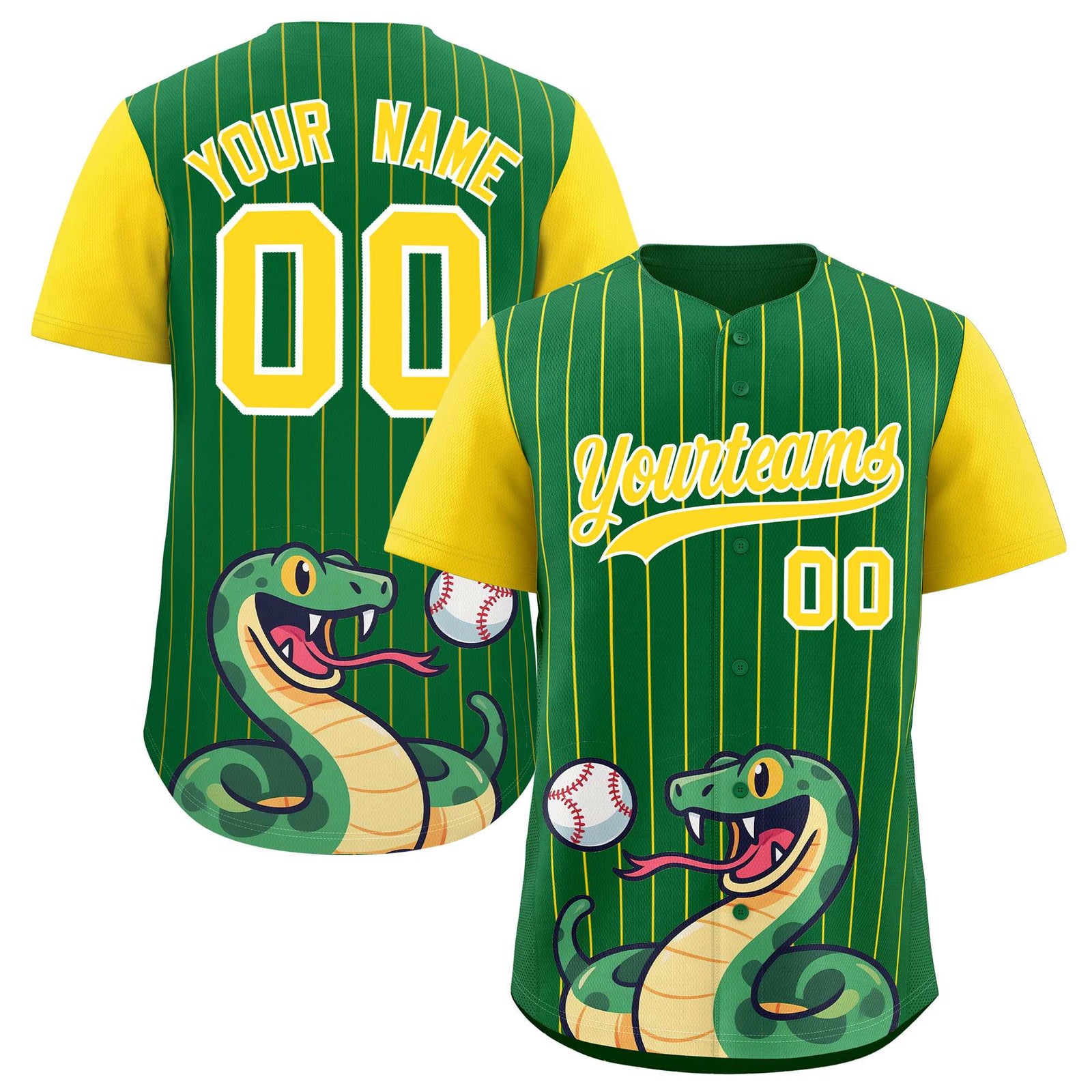 Custom Kelly Green Gold Stripe Animals Graffiti Pattern Raglan Sleeves Authentic Baseball Jersey