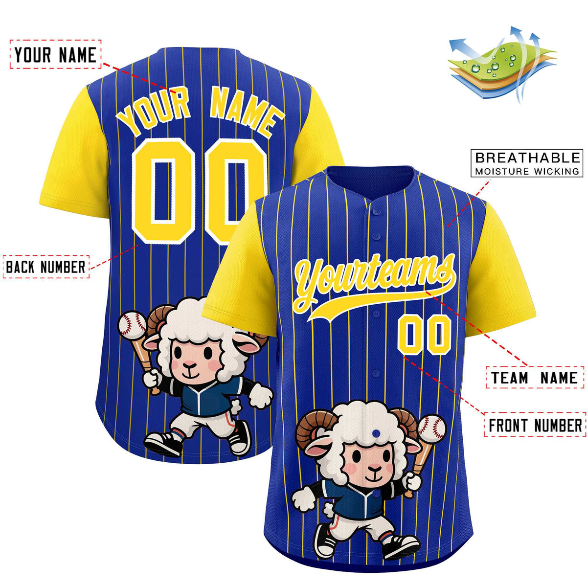 Custom Royal Gold Stripe Animals Graffiti Pattern Raglan Sleeves Authentic Baseball Jersey