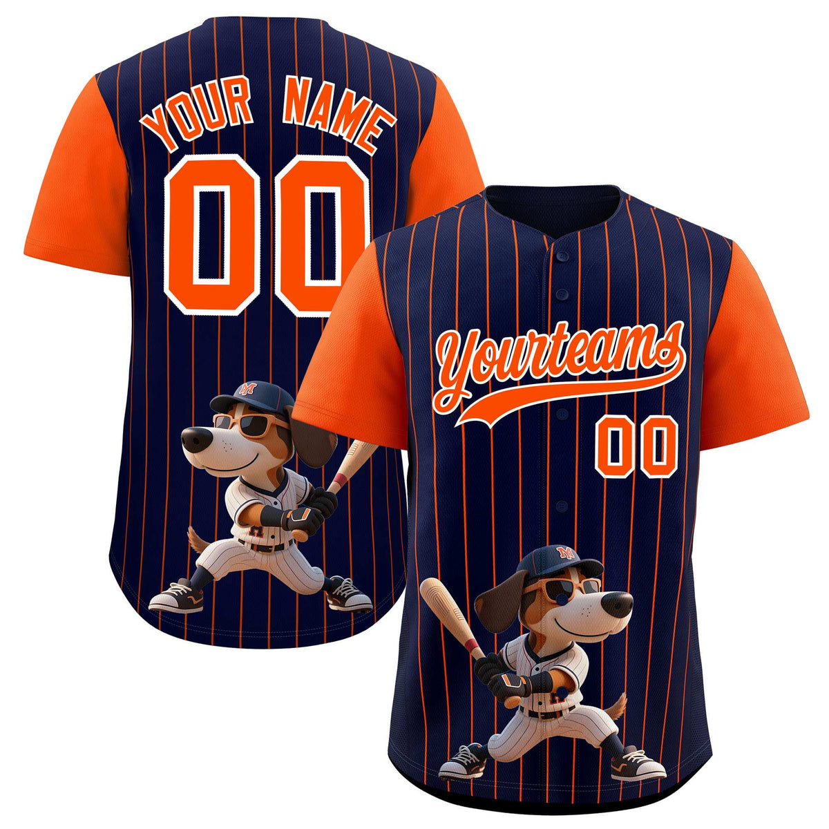 Custom Navy Orange Stripe Animals Graffiti Pattern Raglan Sleeves Authentic Baseball Jersey