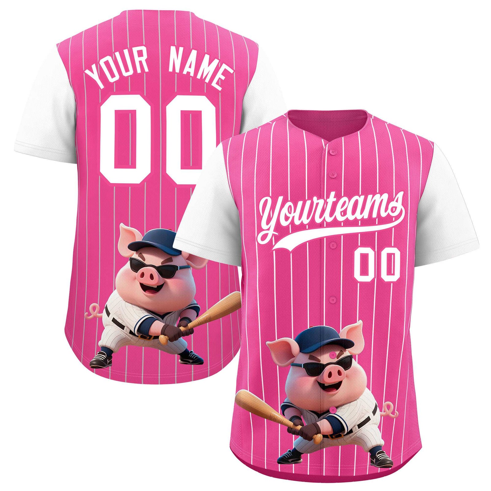 Custom Pink White Stripe Animals Graffiti Pattern Raglan Sleeves Authentic Baseball Jersey
