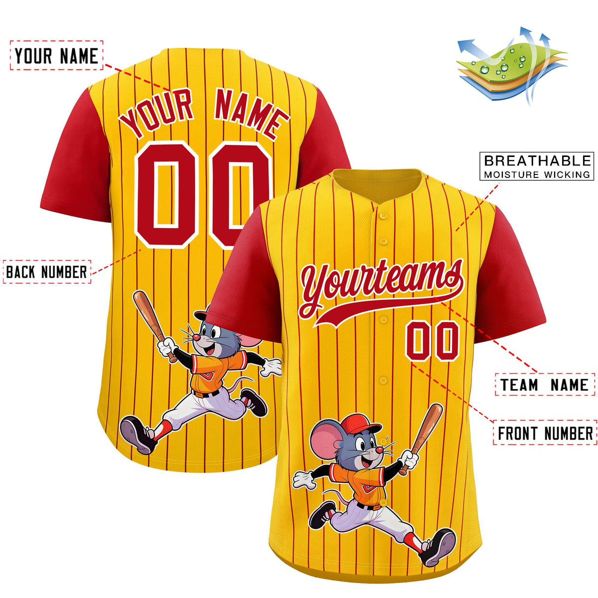 Custom Yellow Red Stripe Animals Graffiti Pattern Raglan Sleeves Authentic Baseball Jersey