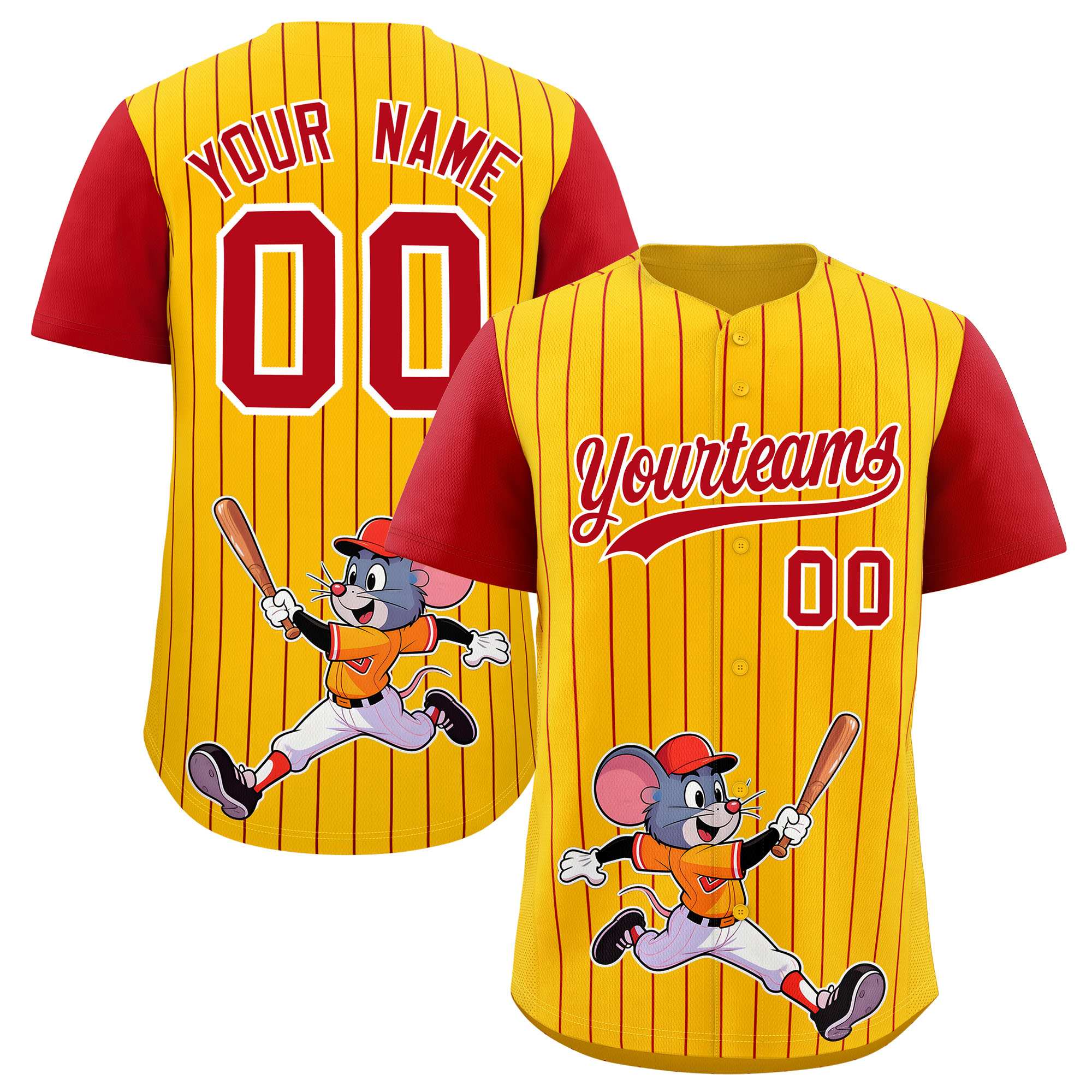 Custom Yellow Red Stripe Animals Graffiti Pattern Raglan Sleeves Authentic Baseball Jersey