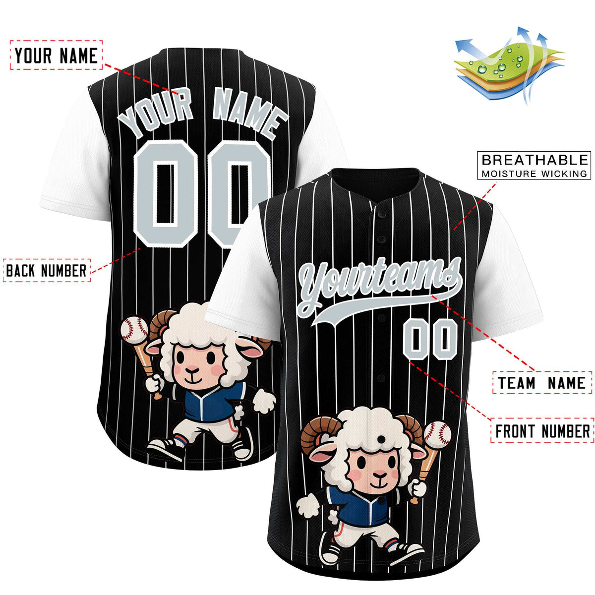 Custom Black White Stripe Animals Graffiti Pattern Raglan Sleeves Authentic Baseball Jersey