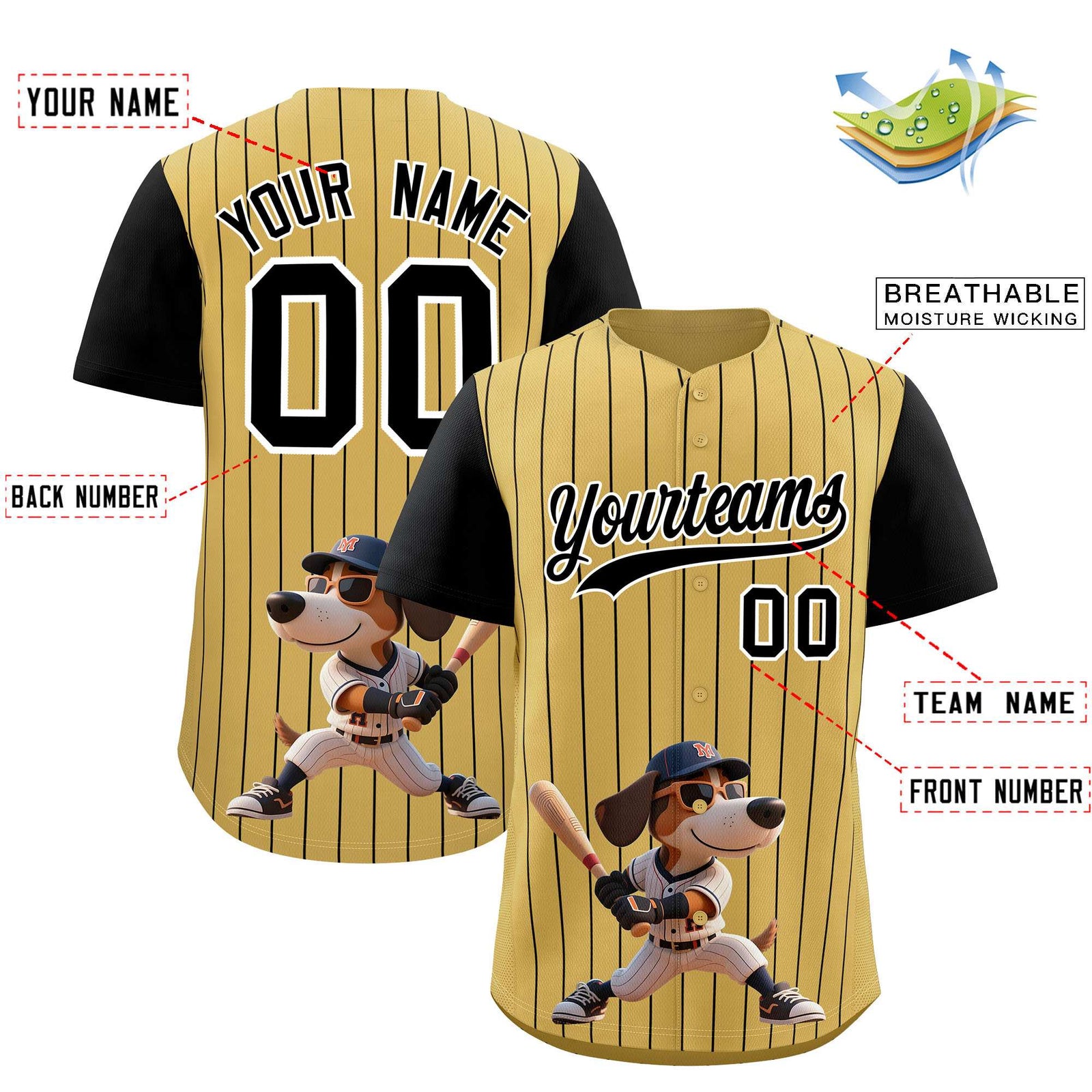 Custom Old Gold Black Stripe Animals Graffiti Pattern Raglan Sleeves Authentic Baseball Jersey