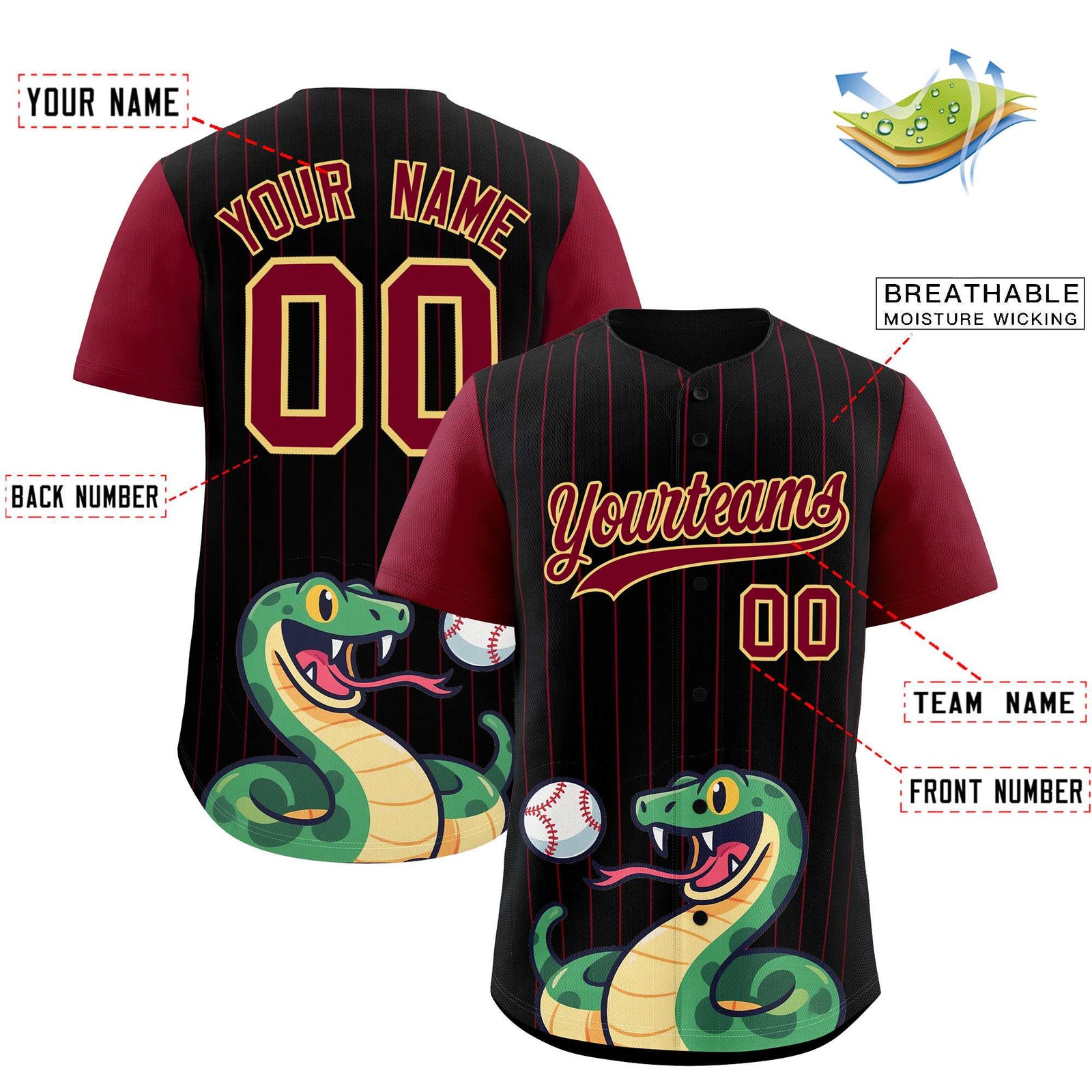 Custom Black Crimson Stripe Animals Graffiti Pattern Raglan Sleeves Authentic Baseball Jersey