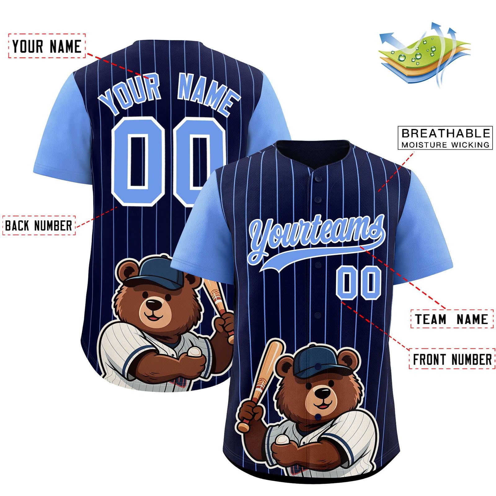 Custom Navy Light Blue Stripe Animals Graffiti Pattern Raglan Sleeves Authentic Baseball Jersey