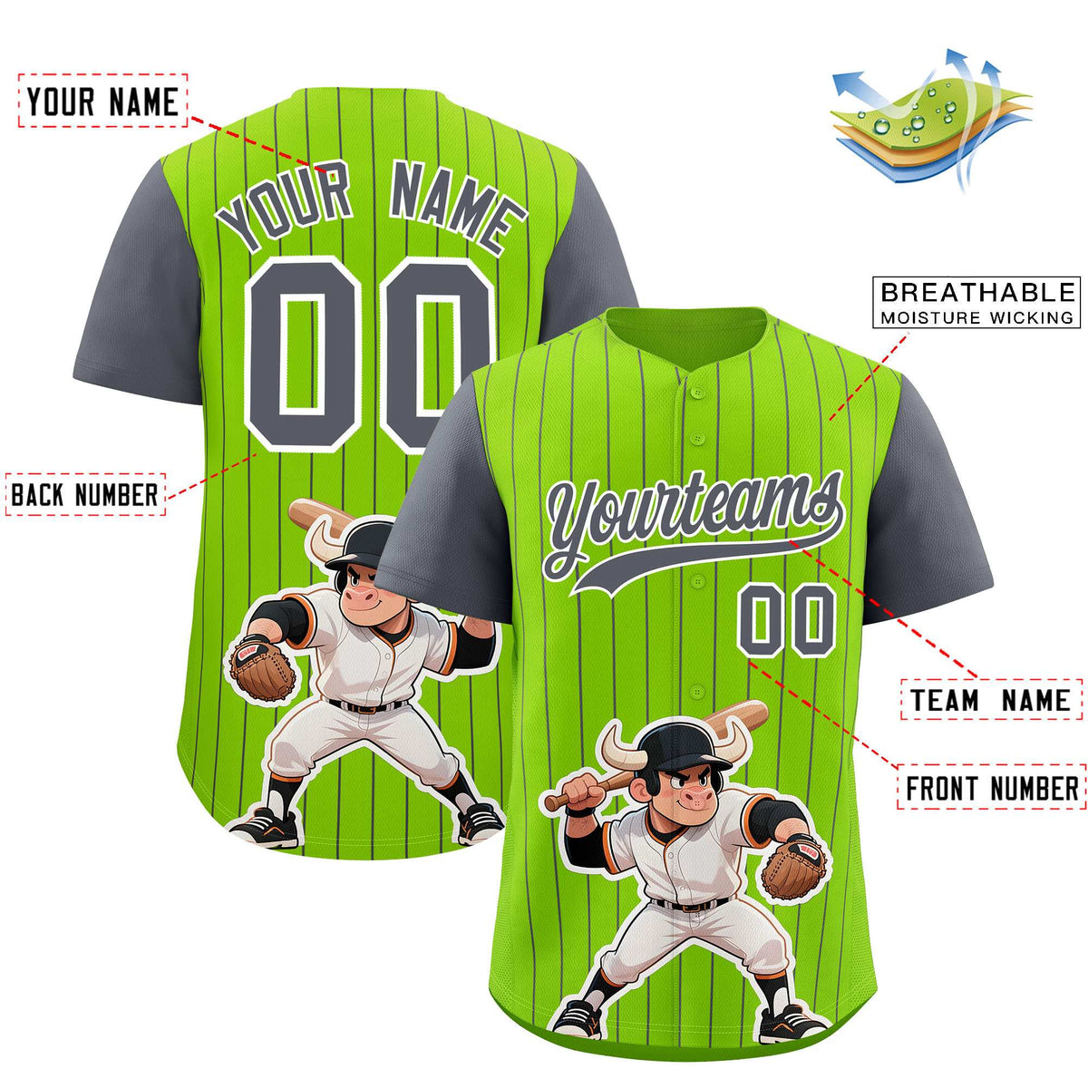 Custom Neon Green Dark Gray Stripe Animals Graffiti Pattern Raglan Sleeves Authentic Baseball Jersey
