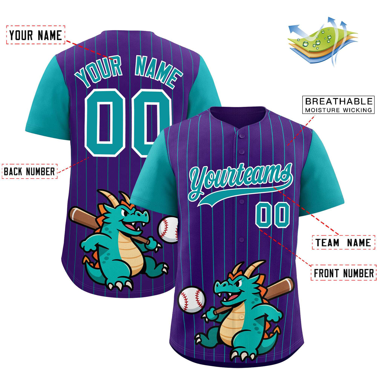 Custom Purple Aqua Stripe Animals Graffiti Pattern Raglan Sleeves Authentic Baseball Jersey