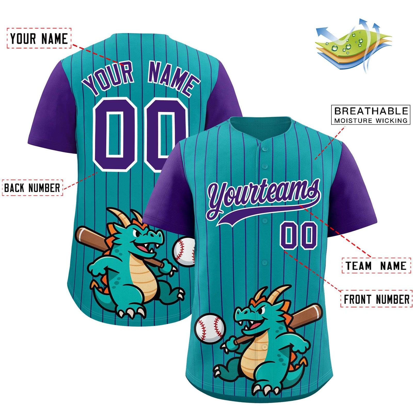 Custom Aqua Purple Stripe Animals Graffiti Pattern Raglan Sleeves Authentic Baseball Jersey