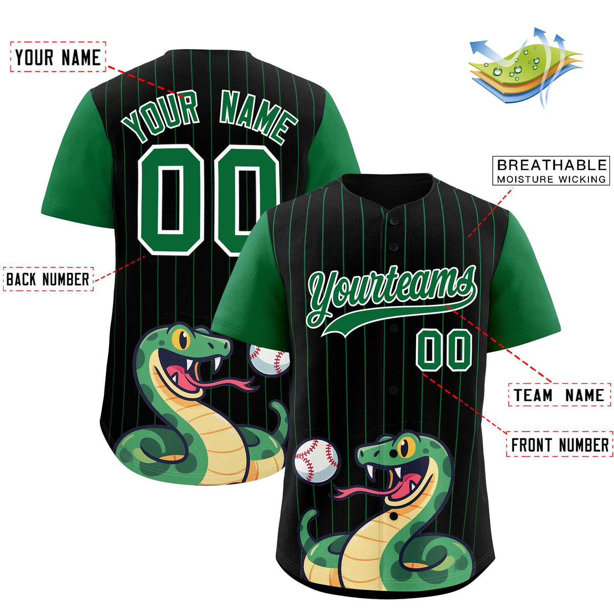 Custom Black Kelly Green Stripe Animals Graffiti Pattern Raglan Sleeves Authentic Baseball Jersey
