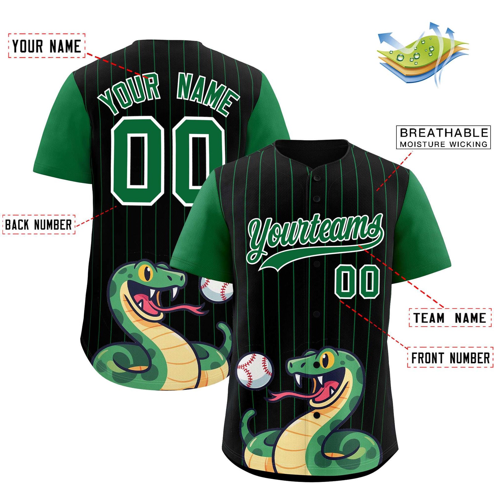 Custom Black Kelly Green Stripe Animals Graffiti Pattern Raglan Sleeves Authentic Baseball Jersey