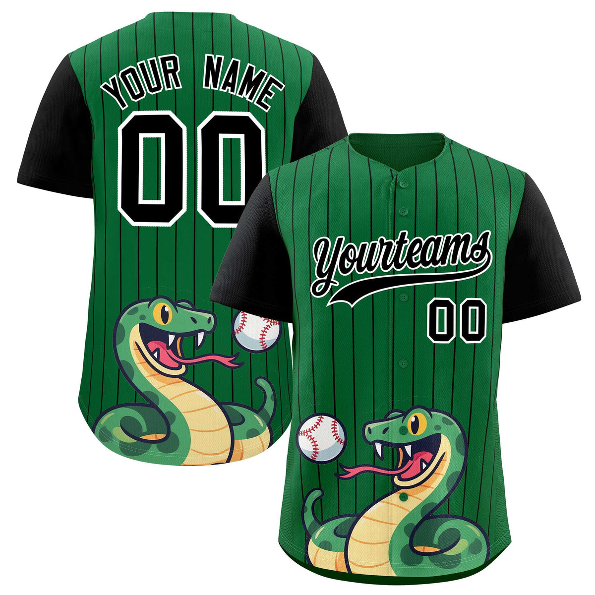 Custom Kelly Green Black Stripe Animals Graffiti Pattern Raglan Sleeves Authentic Baseball Jersey