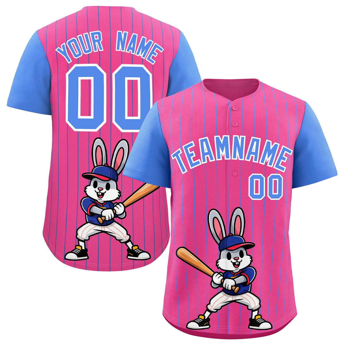 Custom Pink Light Blue Stripe Animals Graffiti Pattern Raglan Sleeves Authentic Baseball Jersey