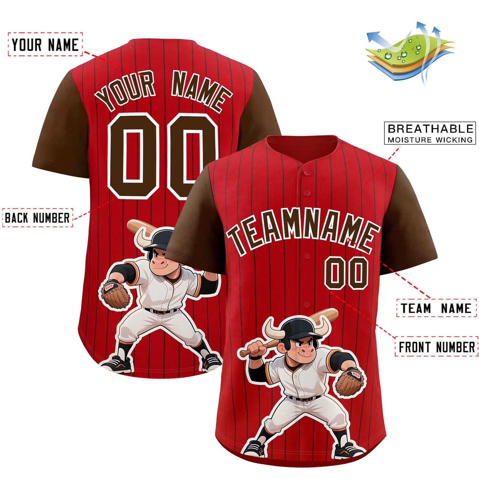 Custom Red Brown Stripe Animals Graffiti Pattern Raglan Sleeves Authentic Baseball Jersey
