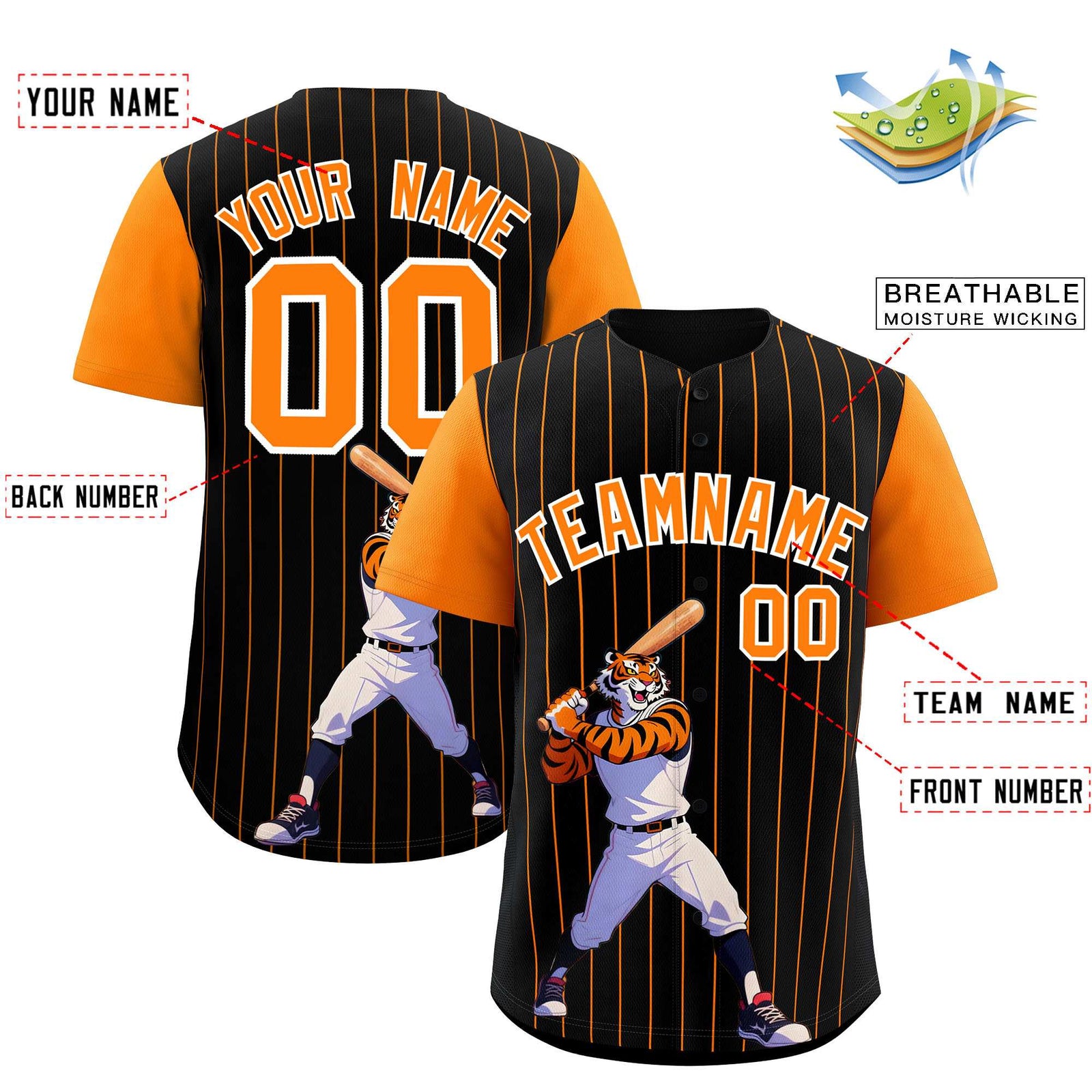 Custom Black Orange Stripe Animals Graffiti Pattern Raglan Sleeves Authentic Baseball Jersey