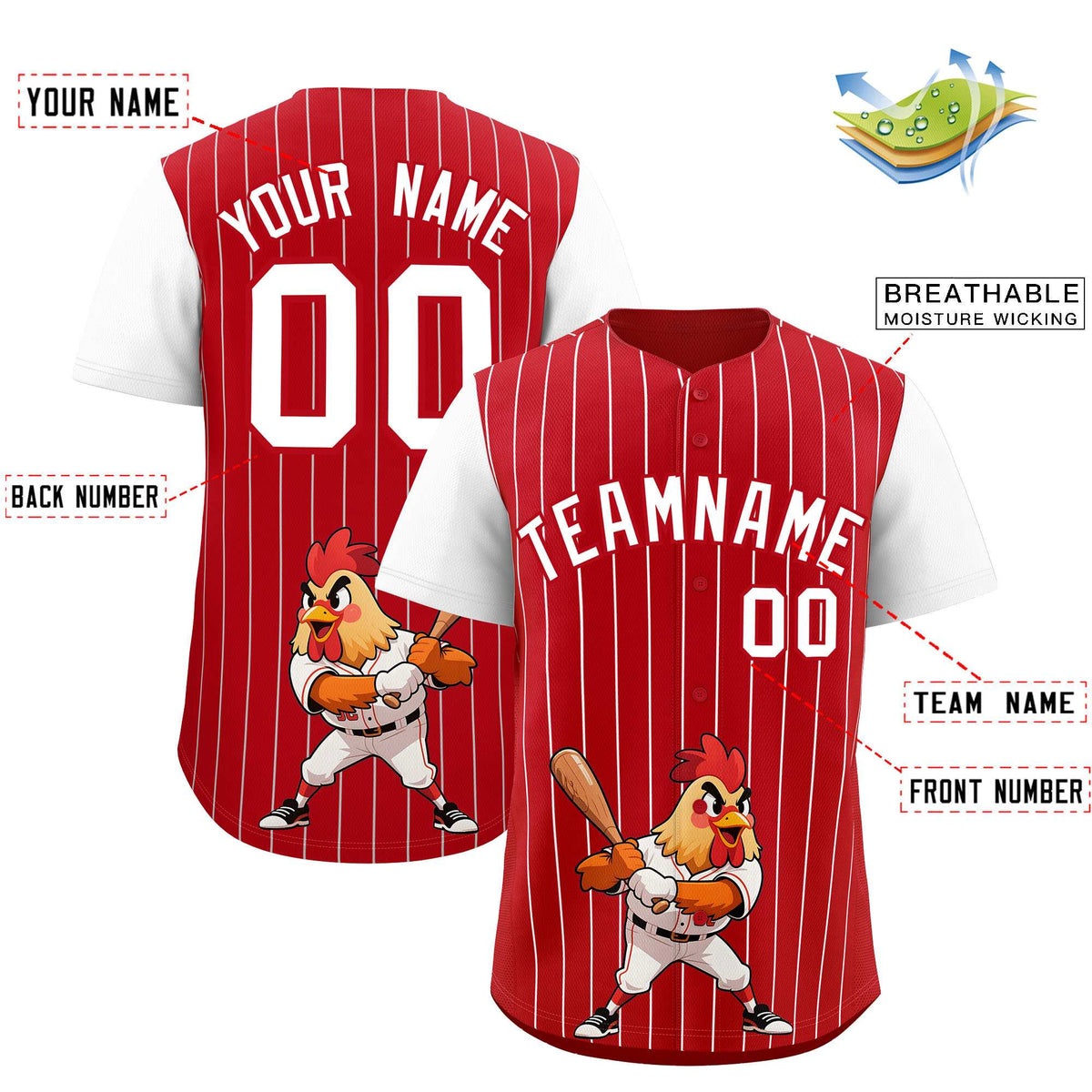 Custom Red White Stripe Animals Graffiti Pattern Raglan Sleeves Authentic Baseball Jersey