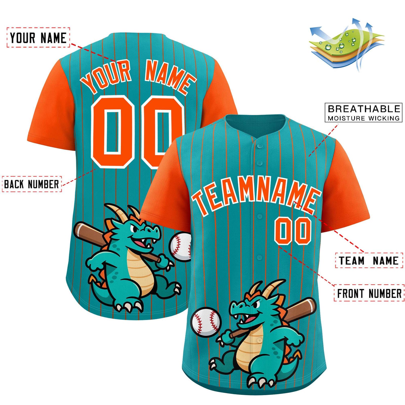 Custom Aqua Orange Stripe Animals Graffiti Pattern Raglan Sleeves Authentic Baseball Jersey